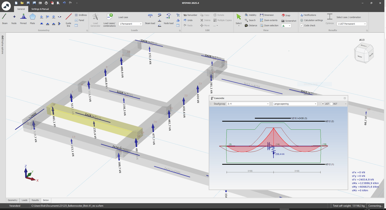 Beam grid with designed reinforcement