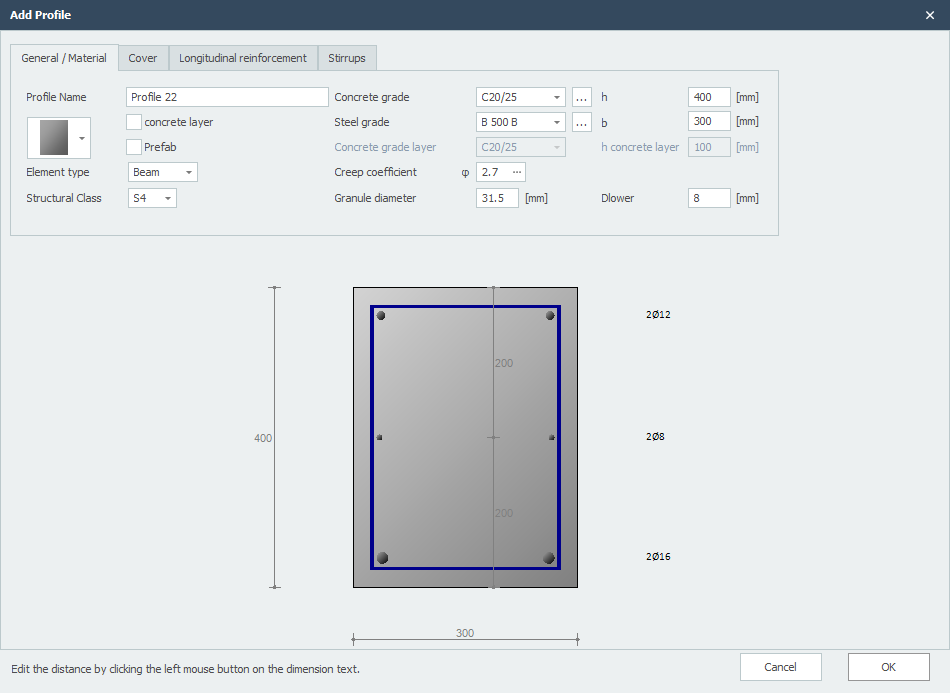 Concrete profile properties - General tab