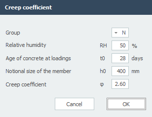 Creep coefficient dialog