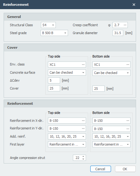 Plate reinforcement dialog